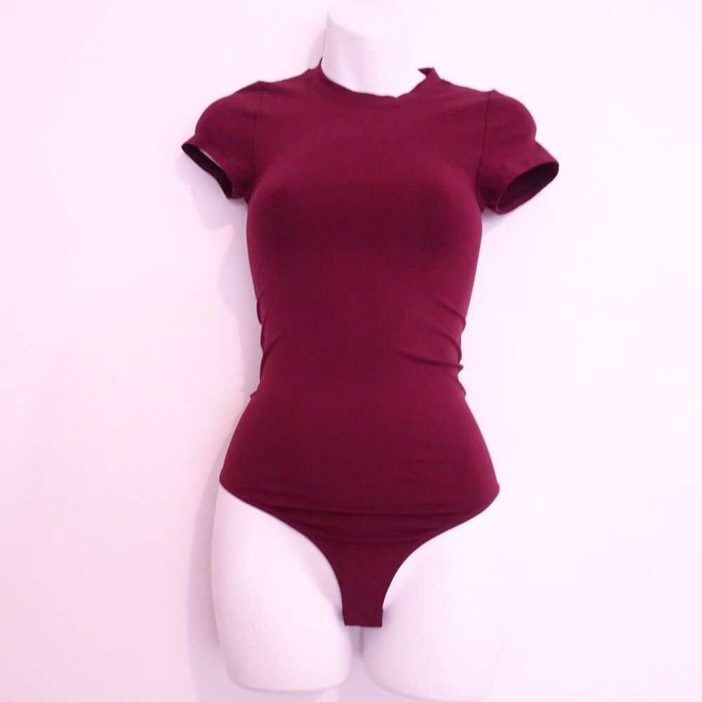 Theory Tace Crew Short Sleeve Tubular Bodysuit Bordeaux NWT 198 One Size